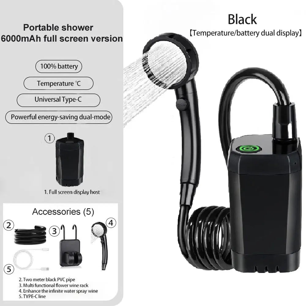 Portable Outdoor Electric Shower, 6000Mah Camping Shower,Rechargeable Full Screen Intelligent Digital Display for Camping Hiking