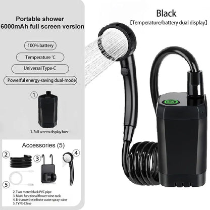 Portable Outdoor Electric Shower, 6000Mah Camping Shower,Rechargeable Full Screen Intelligent Digital Display for Camping Hiking