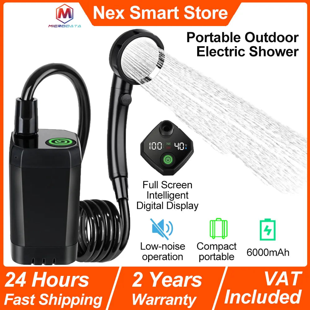 Portable Outdoor Electric Shower, 6000Mah Camping Shower,Rechargeable Full Screen Intelligent Digital Display for Camping Hiking